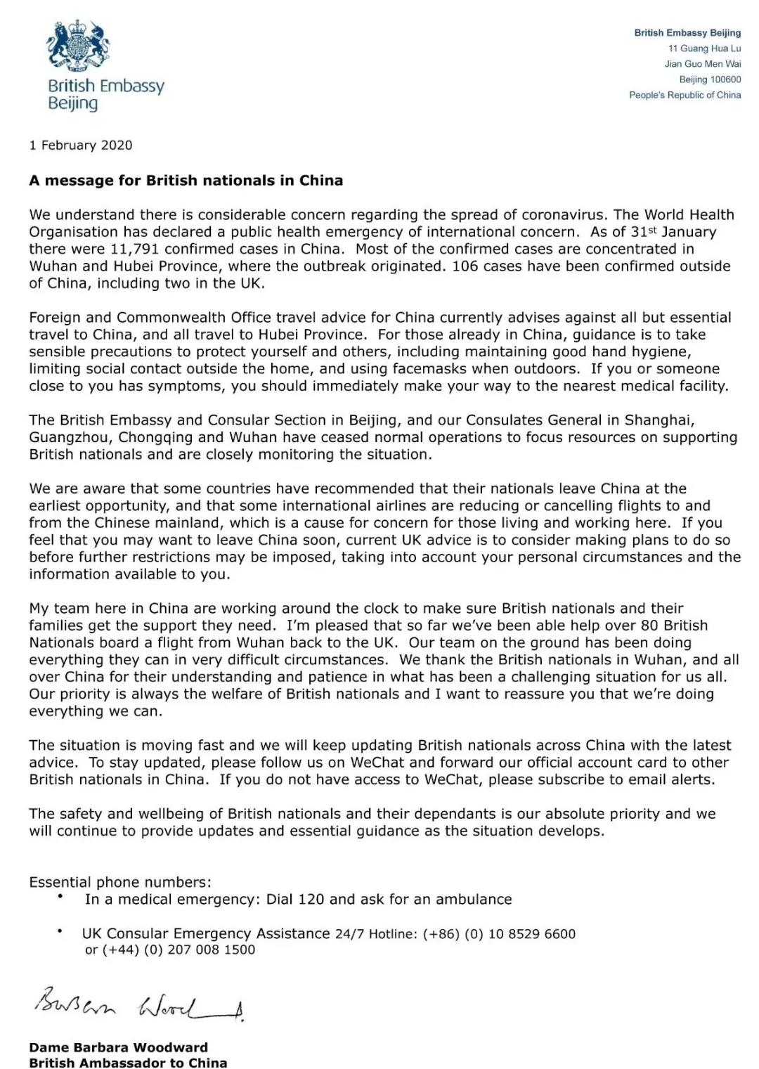 Ambassador's message to UK nationals in Wuhan and Hubei